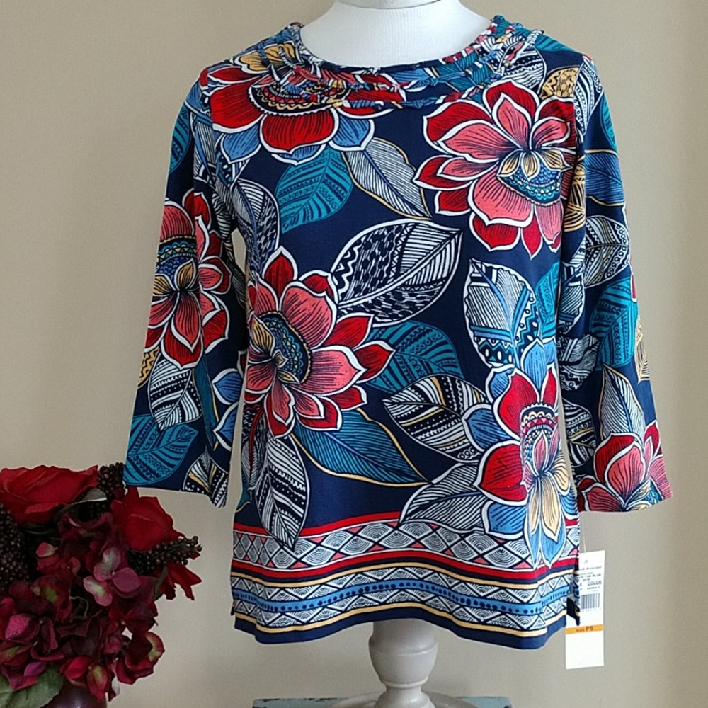 NEW Alfred Dunner Stretch Top Petite Pullover Maui Floral Lilly Blue 3/4 Slve PS